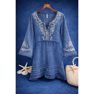 Mororelio Boho Denim Dress Embroidered Tie Front
